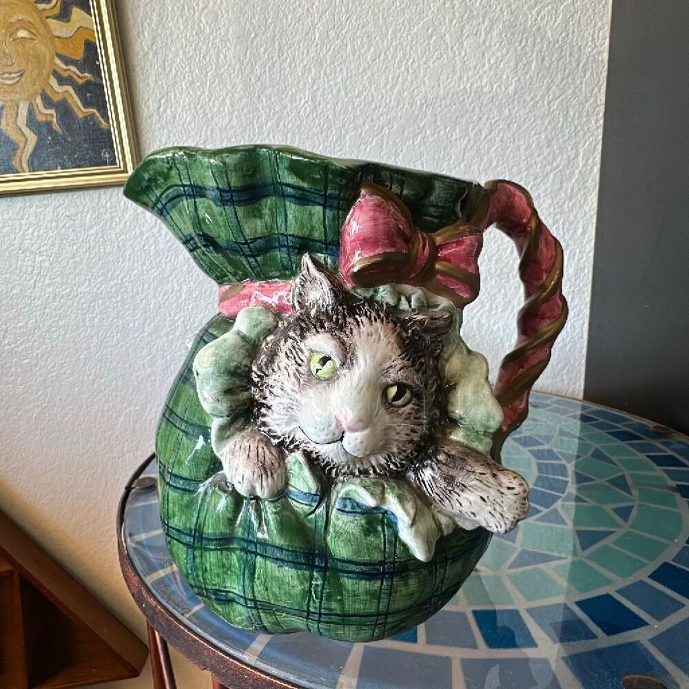 WCL Green & Pink cat pitcher / decor pitcher Vintage